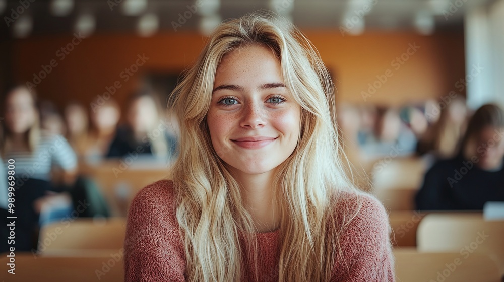 Poster smiling nordic caucasian university student sitting in a college classroom enjoying the learning env