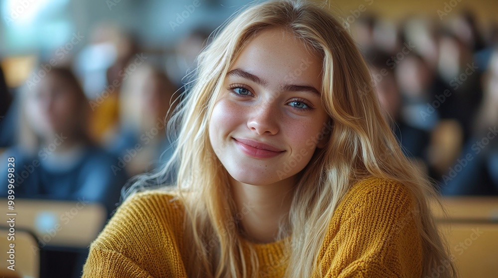Poster smiling nordic caucasian university student sitting in a college classroom enjoying the learning env