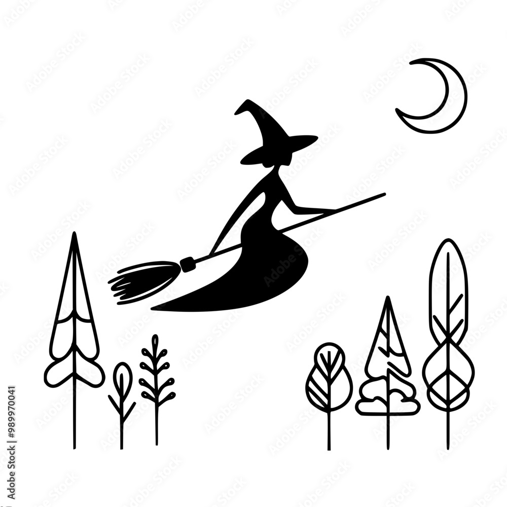 Poster stylized linear vector black image of a witch flying on a broomstick against a crescent moon backgro