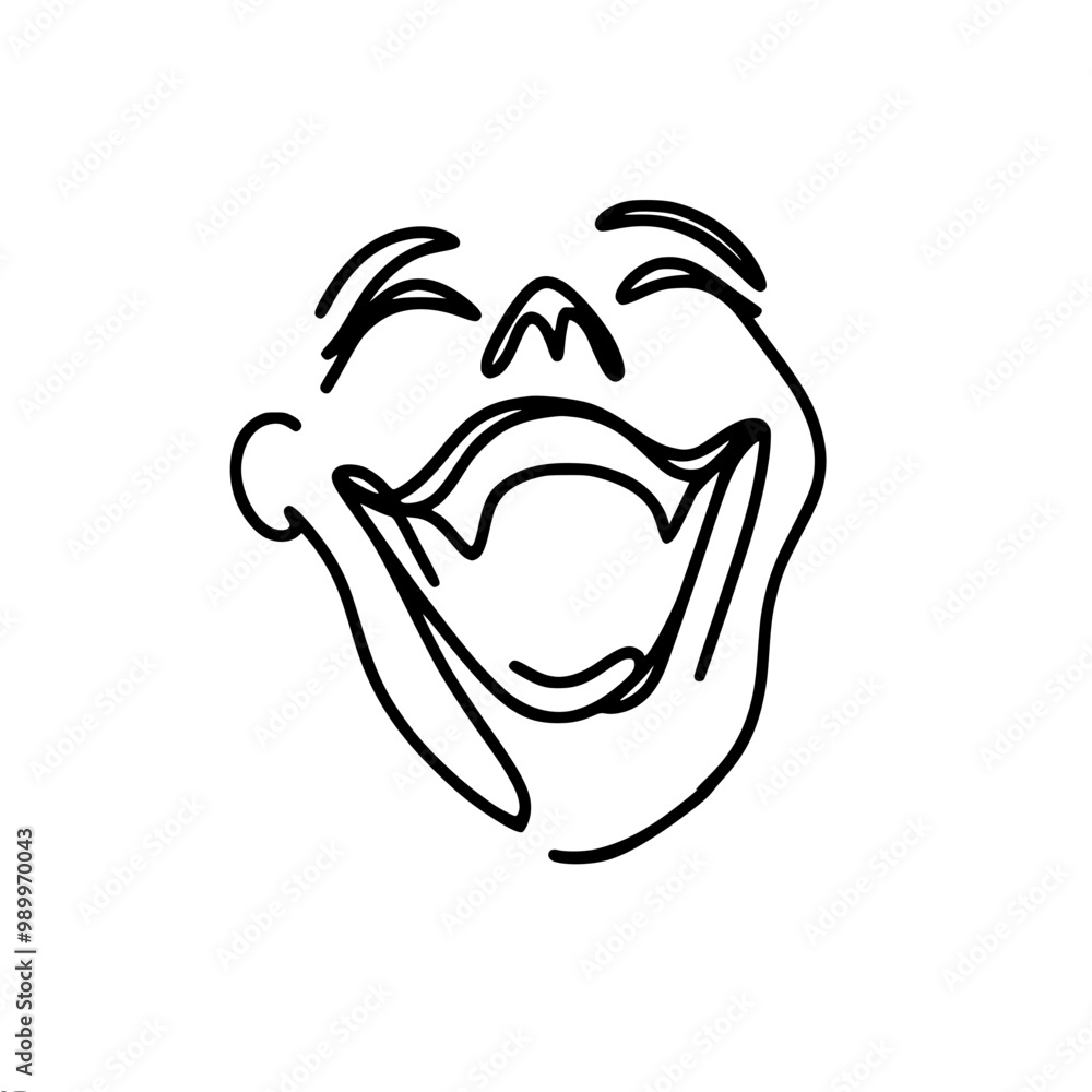 Poster stylized linear vector black image of a human face thrown back with a wide open mouth expressing lau