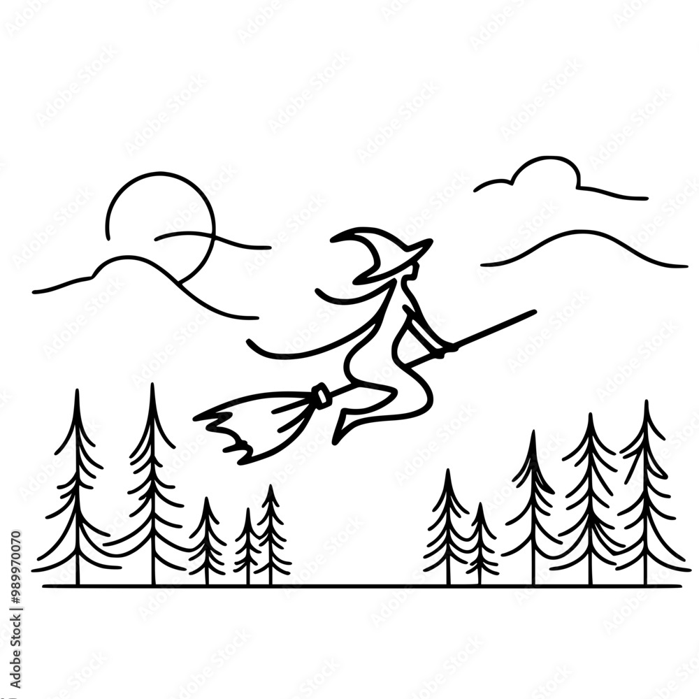 Poster stylized linear vector black image of witch character in hat flying on broomstick over fir forest wi