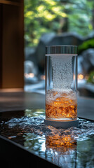 A glass cylinder filled with water and bubbles sits on a table with a rippling water surface.