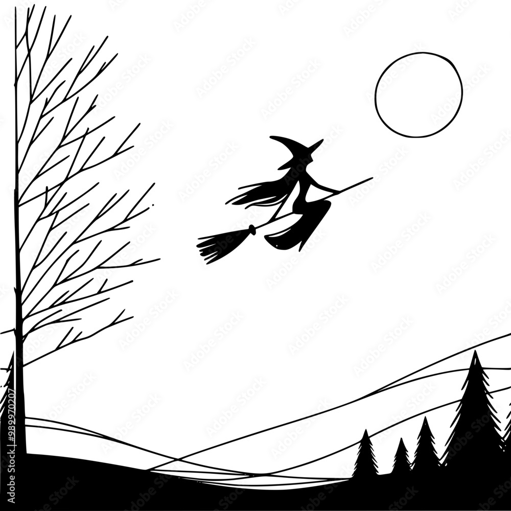 Poster stylized linear vector image of a witch figure on a broomstick flying against a crescent moon backgr