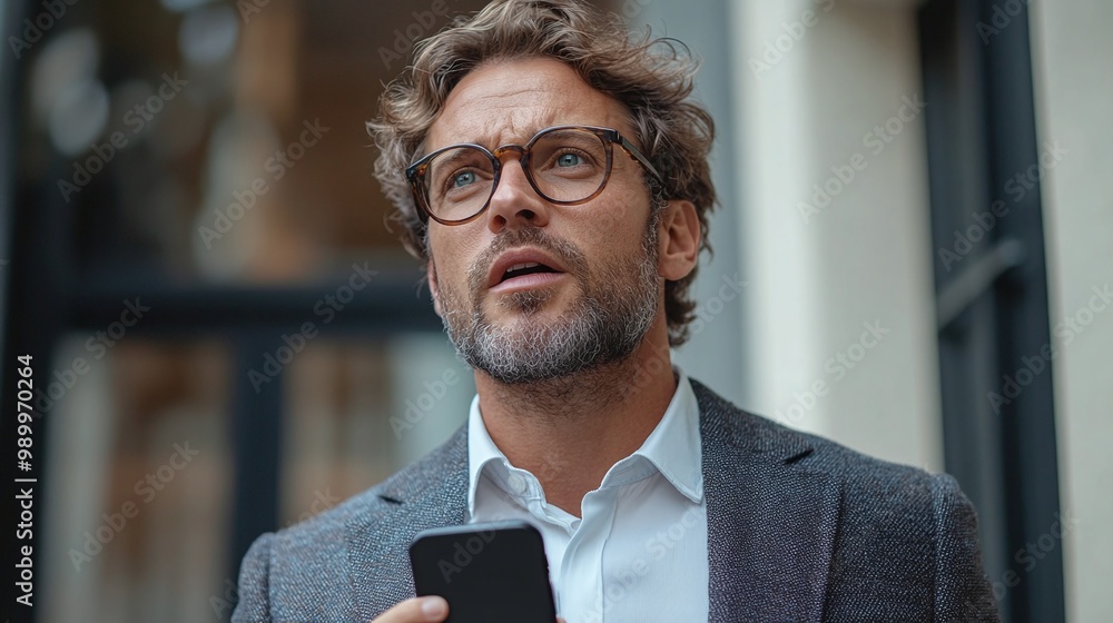 Poster young businessman sending a vocal message with his smartphone using digital communication technology