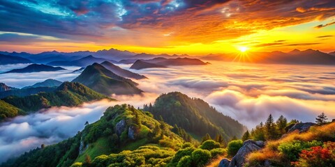 Serene Mountain Landscape at Sunrise with Misty Valleys and Vibrant Skies Reflecting Nature's Beauty