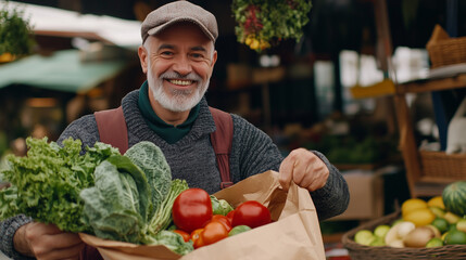 Cheerful Street Vendor Running a Small Farm Market Business, Selling Sustainable Fruits and Vegetables. Happy Middle Aged Man Filling a Recycled Paper Shopping Bag with Local Natural Food .