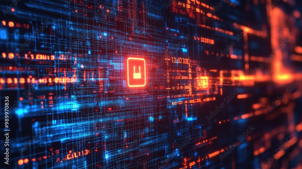 Aufkleber abstract cyber defense concept with a digital wall of code and a glowing security icon.