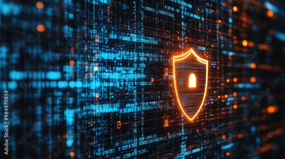 Poster abstract cyber defense concept with a digital wall of code and a glowing security icon.