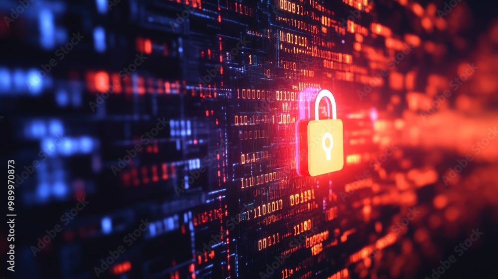 Poster abstract cyber defense concept with a digital wall of code and a glowing security icon.