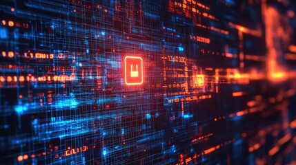 Obraz premium Abstract cyber defense concept with a digital wall of code and a glowing security icon.