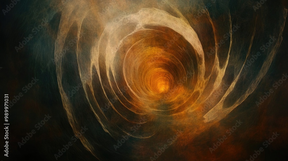 Poster abstract dark circles expanding outward with soft, glowing light creating depth.