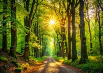 Fototapeta premium Serene Pathway Through Lush Green Forest Surrounded by Majestic Trees and Sunlit Leaves