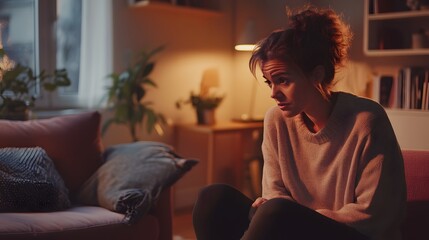 1. A compassionate psychologist sitting in a cozy office, gently leaning forward as she listens to her depressed patient, who is seated on a plush couch, looking down with a mix of sadness and