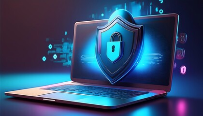 A laptop with a glowing shield and padlock symbolizes cybersecurity and digital protection against online threats.