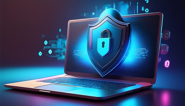 A laptop with a glowing shield and padlock symbolizes cybersecurity and digital protection against online threats.