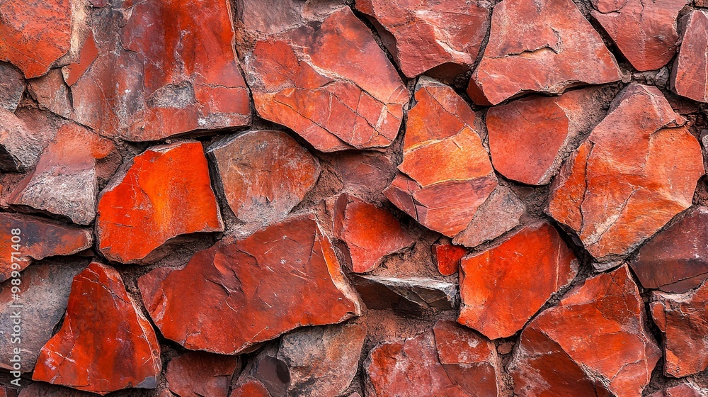 Wall mural 
Rustic red stone wall texture with a matte finish, ideal for background or design elements. The rough and uneven surface creates a natural and earthy feel.