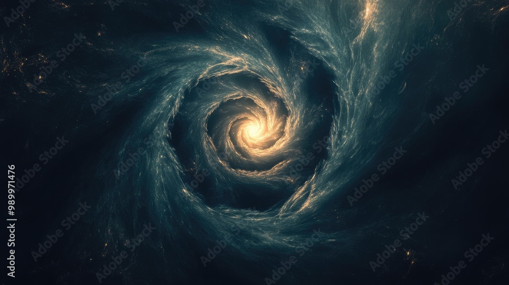 Poster abstract dark swirling vortex of energy with faint glowing light emanating from its core.