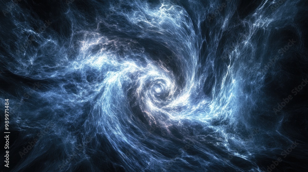 Poster abstract dark swirling vortex of energy with faint glowing light emanating from its core.