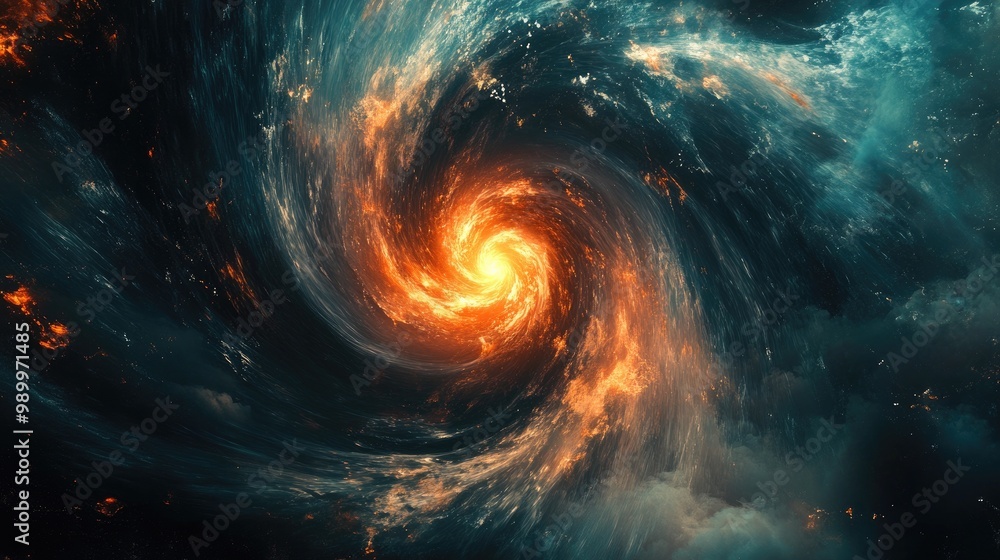 Poster abstract dark swirling vortex of energy with faint glowing light emanating from its core.