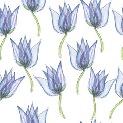 blue flower with transparent petals seamless pattern isolated on white background watercolor illustration floral background for invitations. for clothing, wallpaper, wrapping paper, home decor