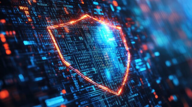 Abstract digital shield surrounded by binary code, representing secure data networks.