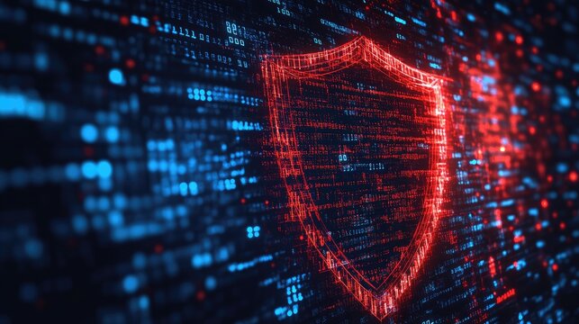 Abstract digital shield surrounded by binary code, representing secure data networks.