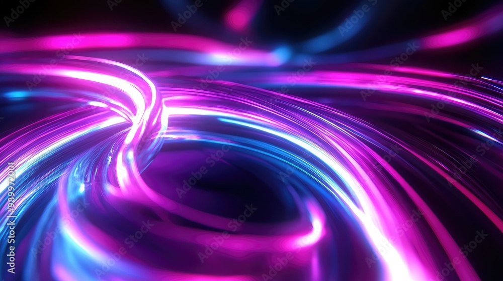Poster abstract glowing lines twisting and turning in a dark environment, creating a futuristic feel.