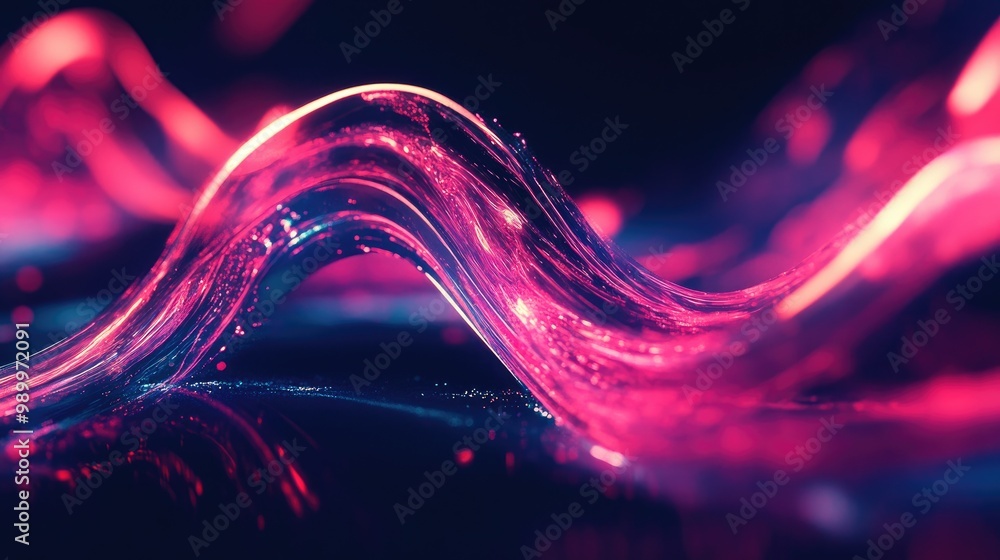 Poster abstract glowing lines twisting and turning in a dark environment, creating a futuristic feel.