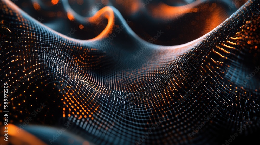 Poster abstract lines forming a futuristic, web-like structure in a 3d render on a dark background.