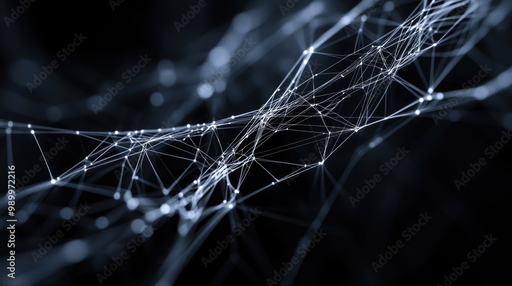 Poster abstract lines forming a futuristic, web-like structure in a 3d render on a dark background.