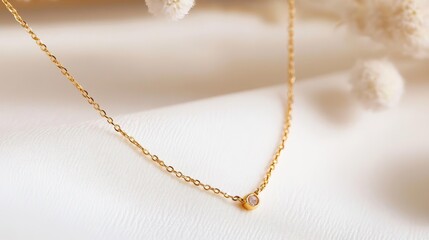 Delicate gold chain necklace, tiny gemstone accents, minimalist and handcrafted