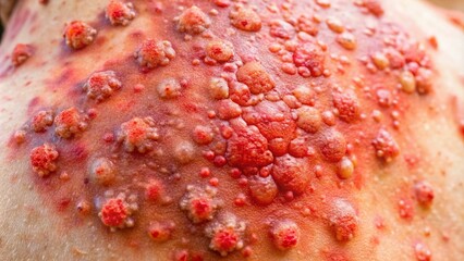 Shingles rash on skin, a close-up view showcasing the painful blisters and red inflammation effects