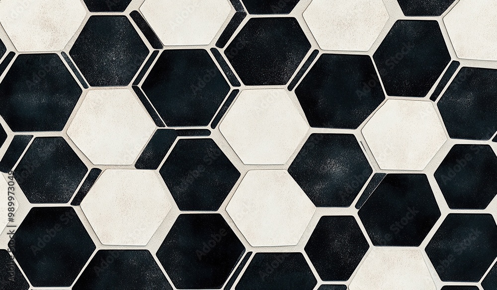 Aufkleber a black and white soccer pattern, hexagonal tiles arranged in repeating patterns on the wall