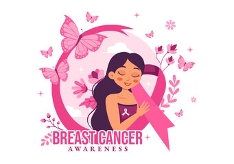 Breast Cancer Awareness Month Vector Illustration of Diverse Women with Pink Support Ribbon for Healthcare Campaign Solidarity in a Flat Background