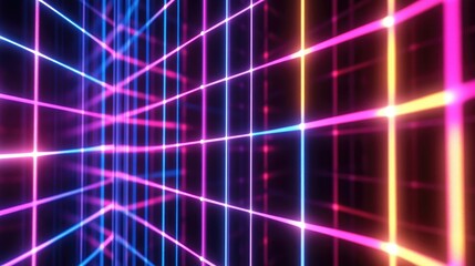 Fototapeta premium Abstract neon lines forming a geometric grid pattern, glowing against a dark background.