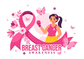 Breast Cancer Awareness Month Vector Illustration of Diverse Women with Pink Support Ribbon for Healthcare Campaign Solidarity in a Flat Background