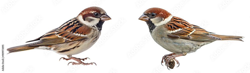 Poster two sparrows facing each other, showcasing their detailed plumage and alert expressions. birds intri