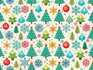 Simple and Festive Christmas Pattern with Snowflakes, Trees, and Ornaments for Holiday Decor Ideas