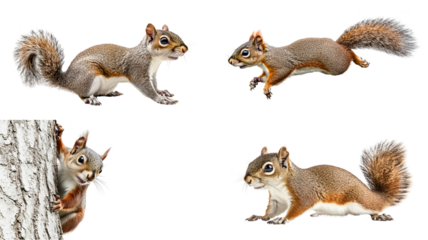 Four playful squirrels are captured in various poses, showcasing their agility and curiosity. One peeks from behind tree, while others are in mid leap or standing alert. 