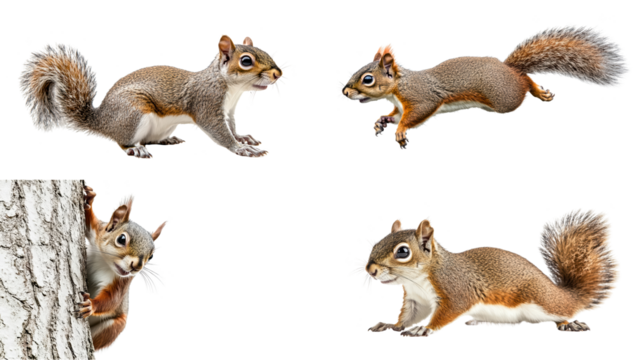 Four playful squirrels are captured in various poses, showcasing their agility and curiosity. One peeks from behind tree, while others are in mid leap or standing alert. 