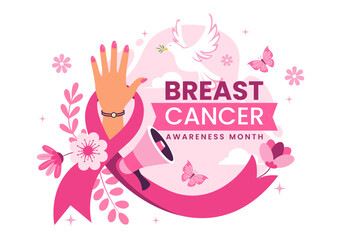 Breast Cancer Awareness Month Vector Illustration of Diverse Women with Pink Support Ribbon for Healthcare Campaign Solidarity in a Flat Background