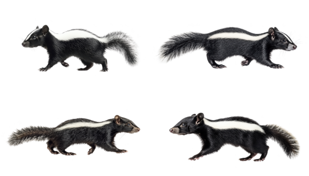 Four skunks are depicted in various poses, showcasing their distinctive black fur and white stripes. image highlights their bushy tails and alert expressions. 
