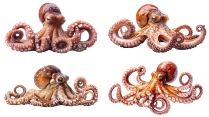 Four realistic octopuses with detailed textures and vibrant colors are displayed against white background, showcasing their unique tentacles and expressive eyes. 