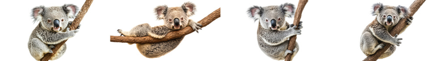 Naklejka premium Four adorable koalas are perched on branches, showcasing their fluffy ears and curious expressions. koalas are set against white background, highlighting their unique features. 