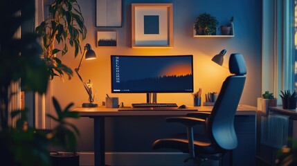 Ambient lighting in a home office, creating a peaceful and productive workspace. -