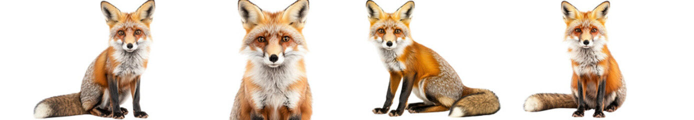 Fototapeta premium Four red foxes are sitting and standing in various poses, showcasing their bushy tails and alert expressions against plain background. image highlights their vibrant fur and curious nature. 