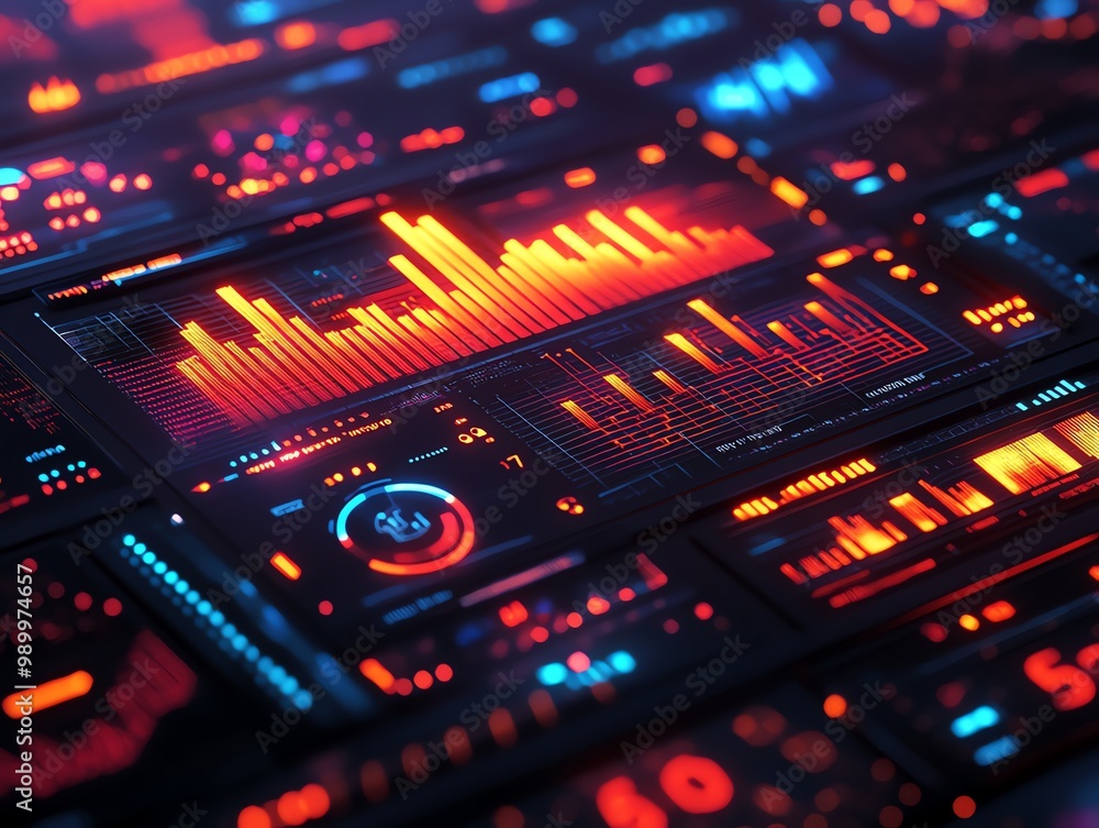 Poster close-up view of a futuristic control panel with glowing red and blue lights, displaying graphs and 