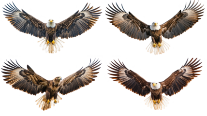 Four majestic eagles soar with wings fully spread, showcasing their powerful flight and grace. detailed feathers and intense gaze highlight their strength and beauty. 