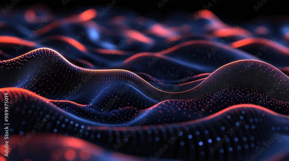 Poster black abstract wave patterns with neon edges floating in a dark, moody space.