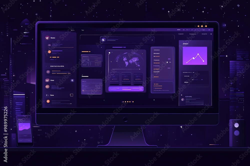 Poster desktop computer screen with a dark interface showing a world map, data charts, and graphs.